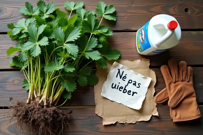 Vue de dessus d'une table de jardin avec des orties arrachées, une bouteille de javel et des gants, illustrant les précautions à prendre et les dangers de ce produit chimique sur les plantes