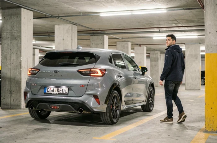 Ford Puma ST-Line gris Solar dans un parking urbain avec conducteur masculin s'éloignant du véhicule, vue arrière 3/4