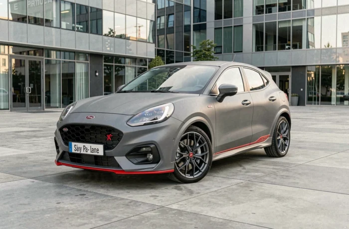 Ford Puma ST-Line en couleur gris Solar garé sur une place urbaine moderne, vue en angle 3/4 avant