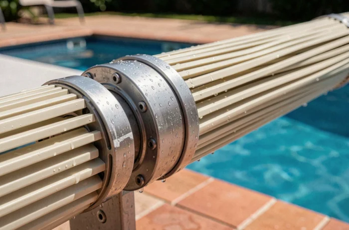Gros plan sur le mécanisme d'enroulement et les lames PVC rigides d'un volet roulant de piscine avec gouttes d'eau
