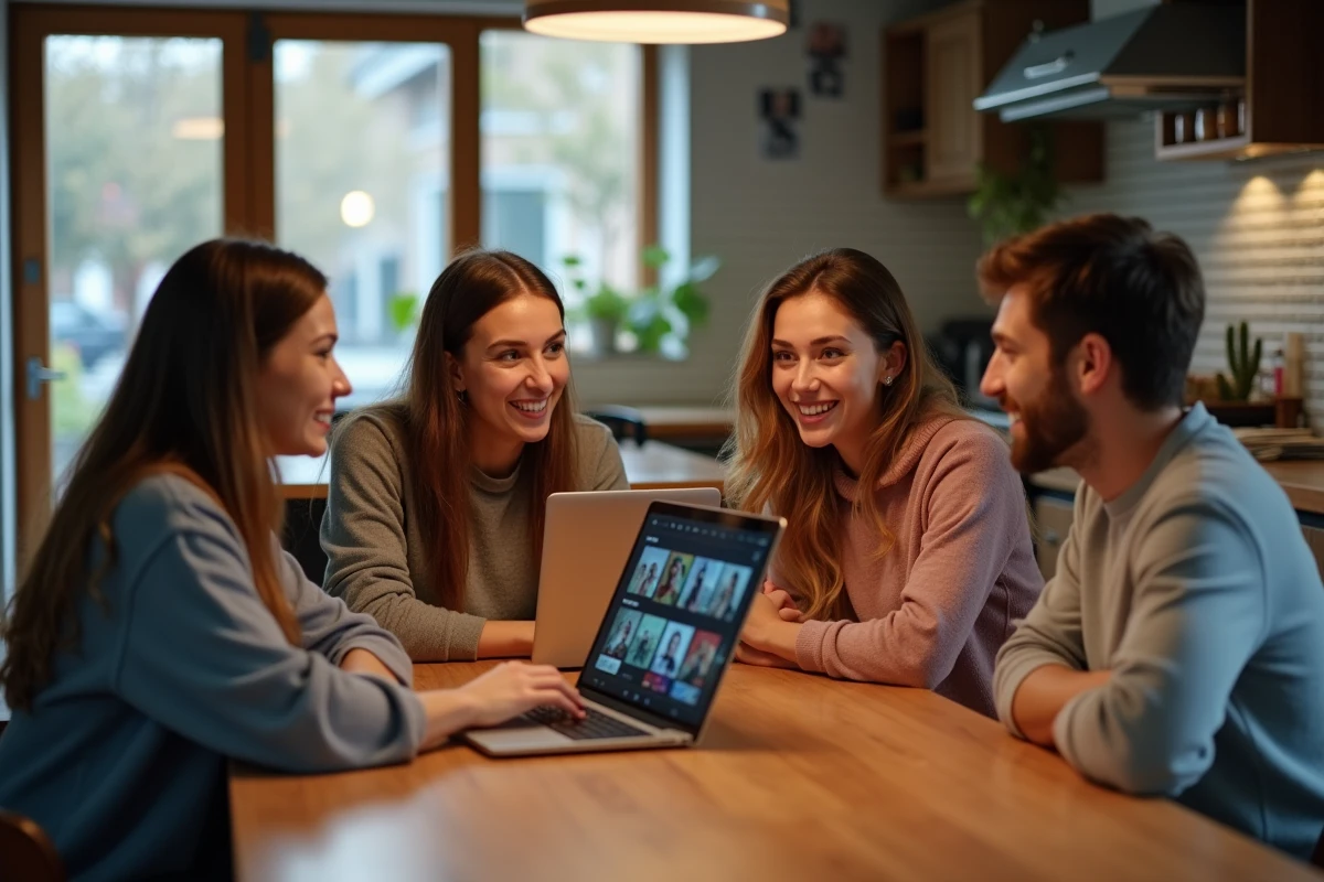 Groupe d amis regardant un laptop en partageant un moment convivial