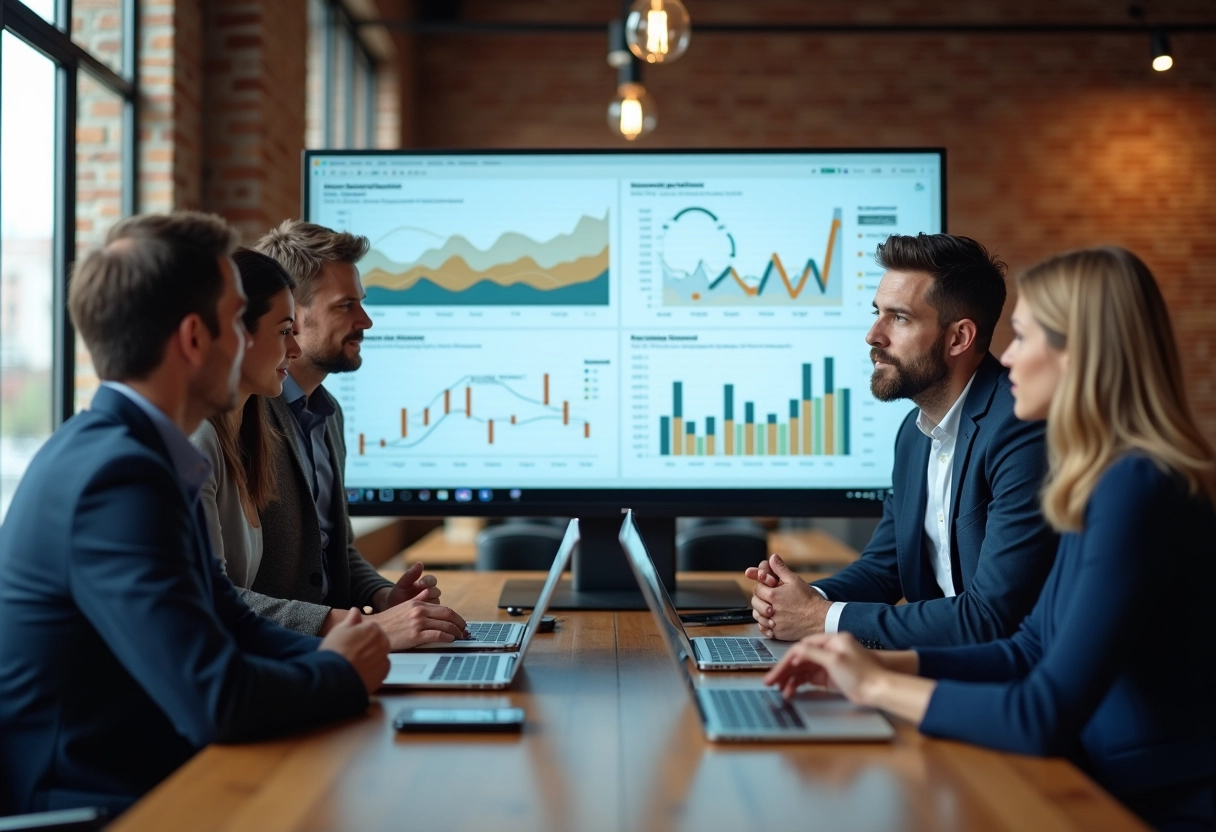 Groupe de collègues autour d’un écran d’analyse dans un espace coworking