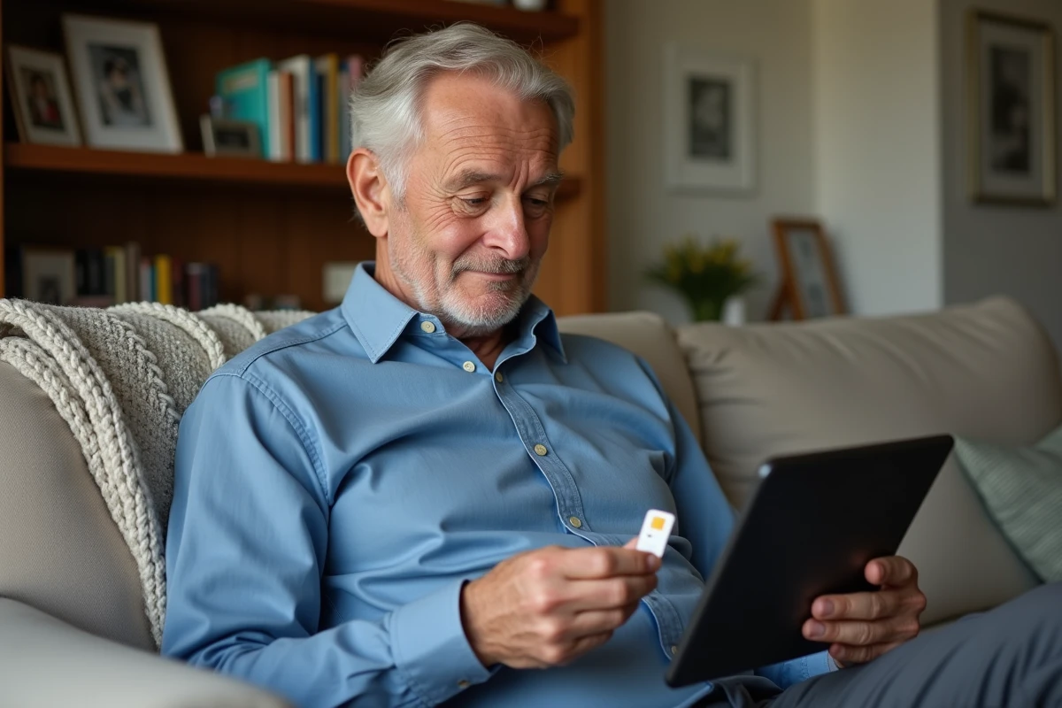 Homme activant une carte SIM sur une tablette dans son salon