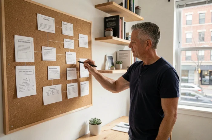 Homme analysant une carte de navigation de site web imprimée épinglée sur un tableau en liège dans un studio à domicile