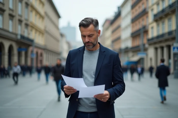Homme tenant deux documents à un carrefour urbain symbolisant un choix de carrière important