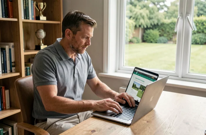 Un homme consultant le site web de Longdrivers Belgium sur un ordinateur portable dans un bureau à domicile