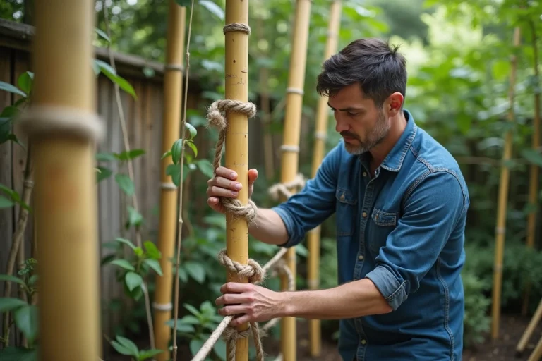 Homme attachant du cordeau en bambou dans un jardin