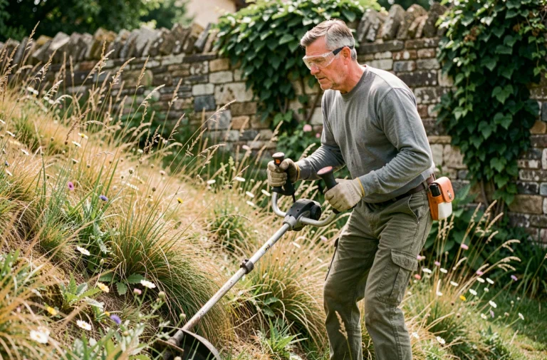 Homme utilisant une débroussailleuse thermique pour entretenir une pente de jardin envahie par les herbes