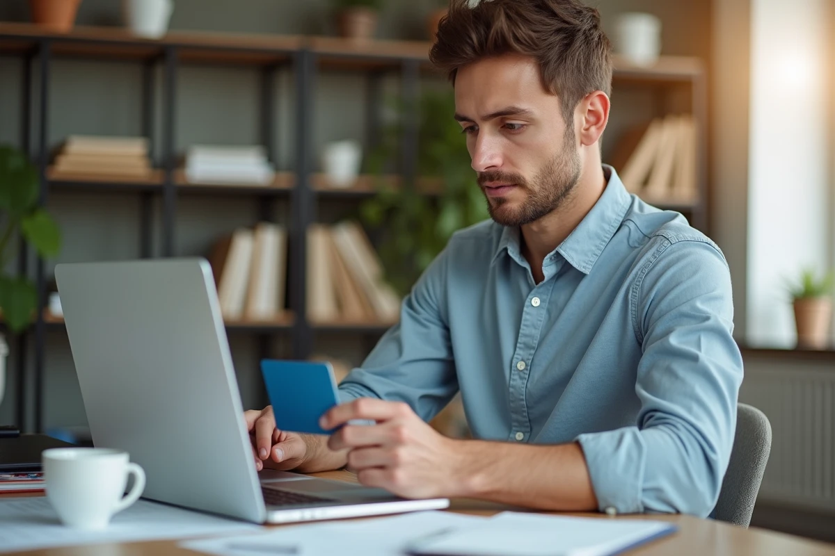 Homme entrant code de carte cadeau sur ordinateur