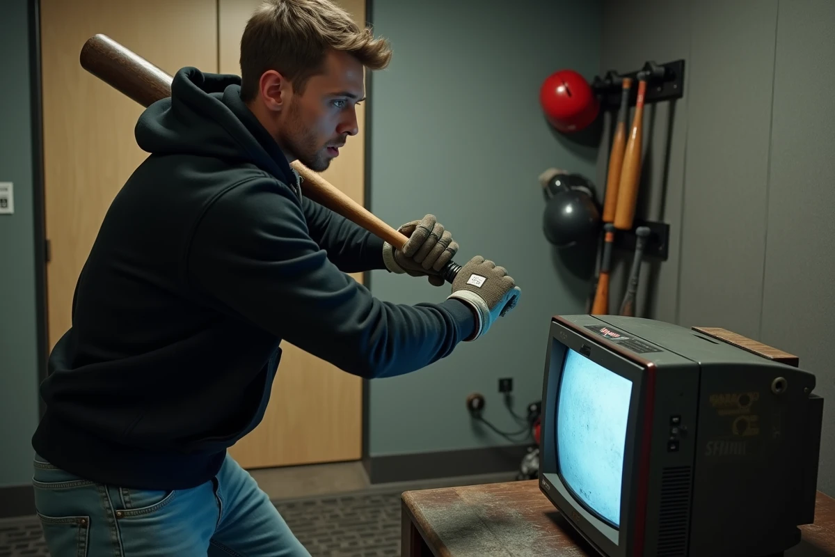 Jeune homme en rage frappant une vieille télévision