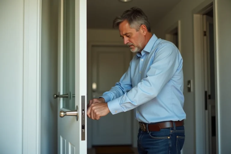 Homme insérant un cale pour verrouiller la porte d'entrée