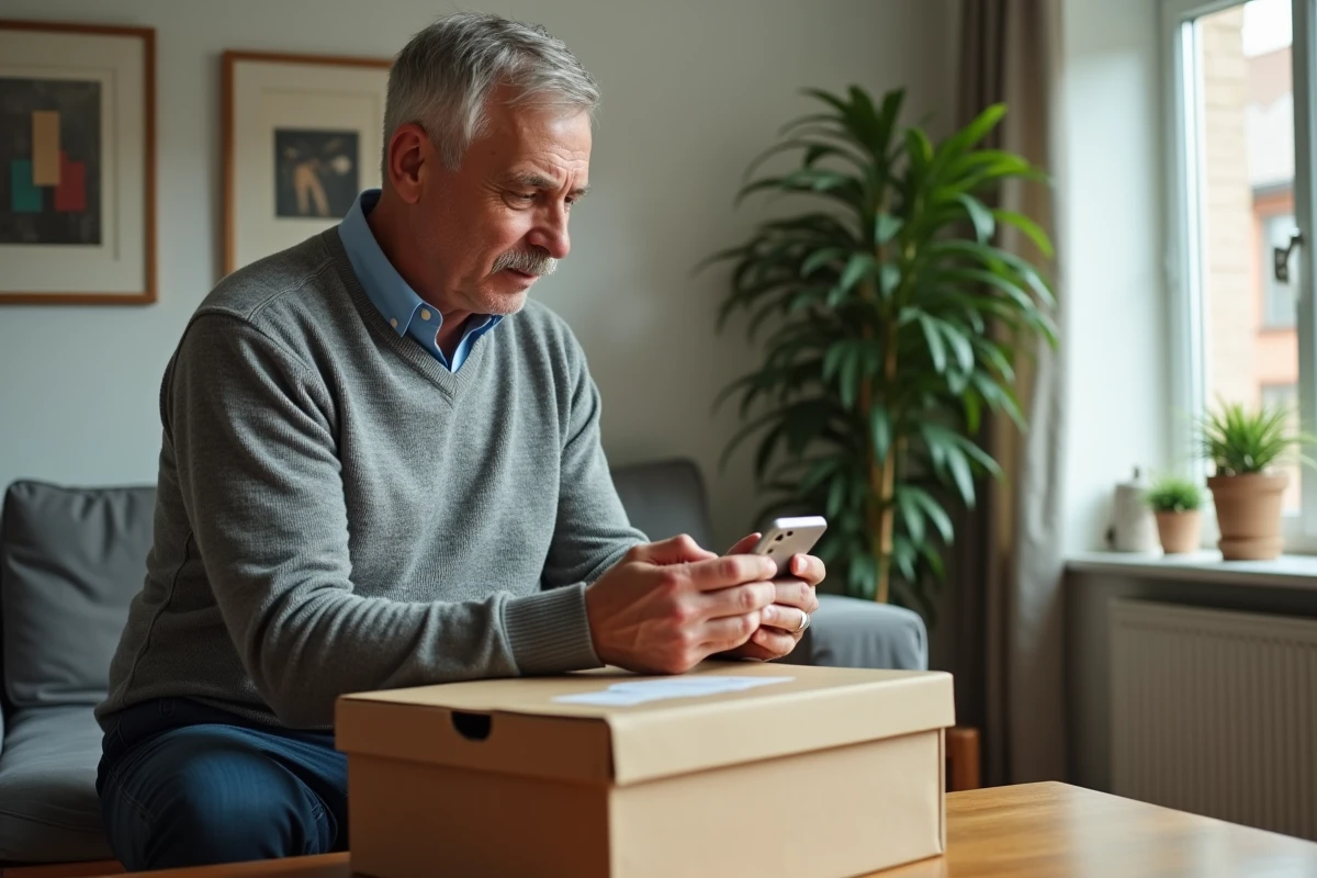 Homme vérifiant étiquette chaussure avec smartphone dans un salon