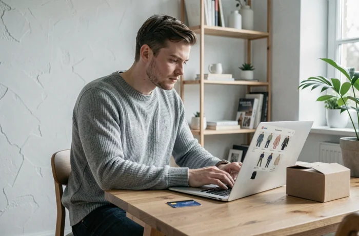 Homme faisant du shopping en ligne sur un ordinateur portable dans un bureau minimaliste scandinave