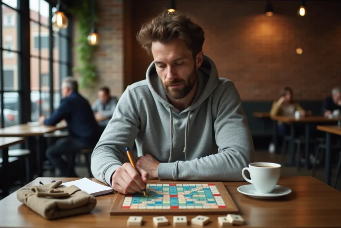 Homme consultant un carnet de stratégie Scrabble dans un café avec les lettres IN visibles sur le plateau