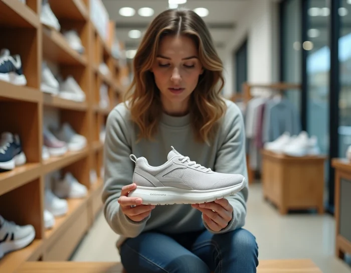 Femme examinant l'étiquette de taille intérieure d'une chaussure Skechers authentique en magasin
