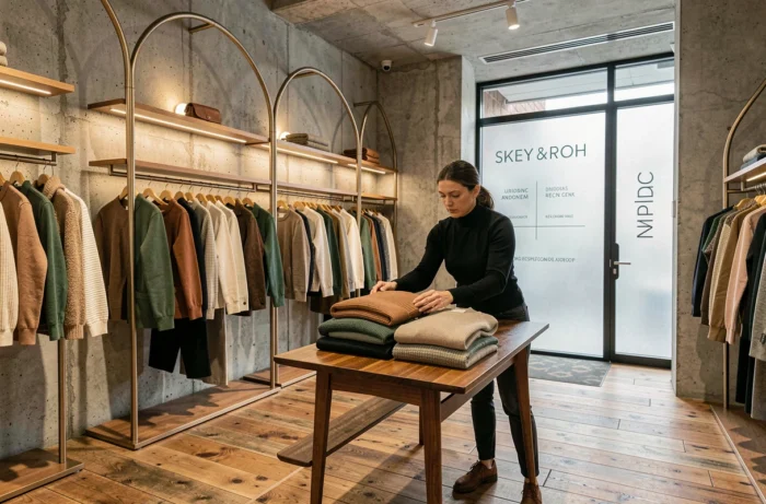 Intérieur d'une boutique concept store tendance avec vêtements exposés sur des portants design