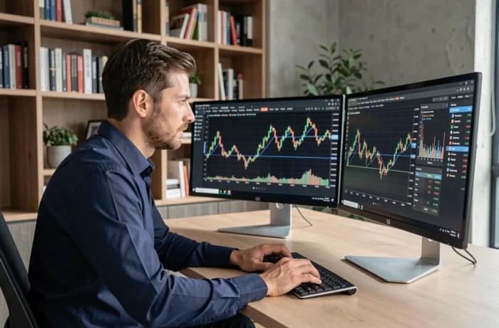 Investisseur masculin analysant les performances d'un ETF sur double écran dans un bureau moderne