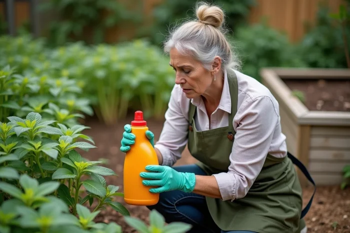 Femme jardinière tenant une bouteille de javel avec une expression inquiète face à des orties envahissantes, soulignant les risques d'utilisation de l'eau de javel au jardin