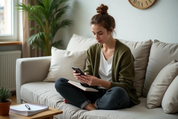 Jeune auto-entrepreneuse gérant son activité depuis chez elle avec son smartphone et ses notes
