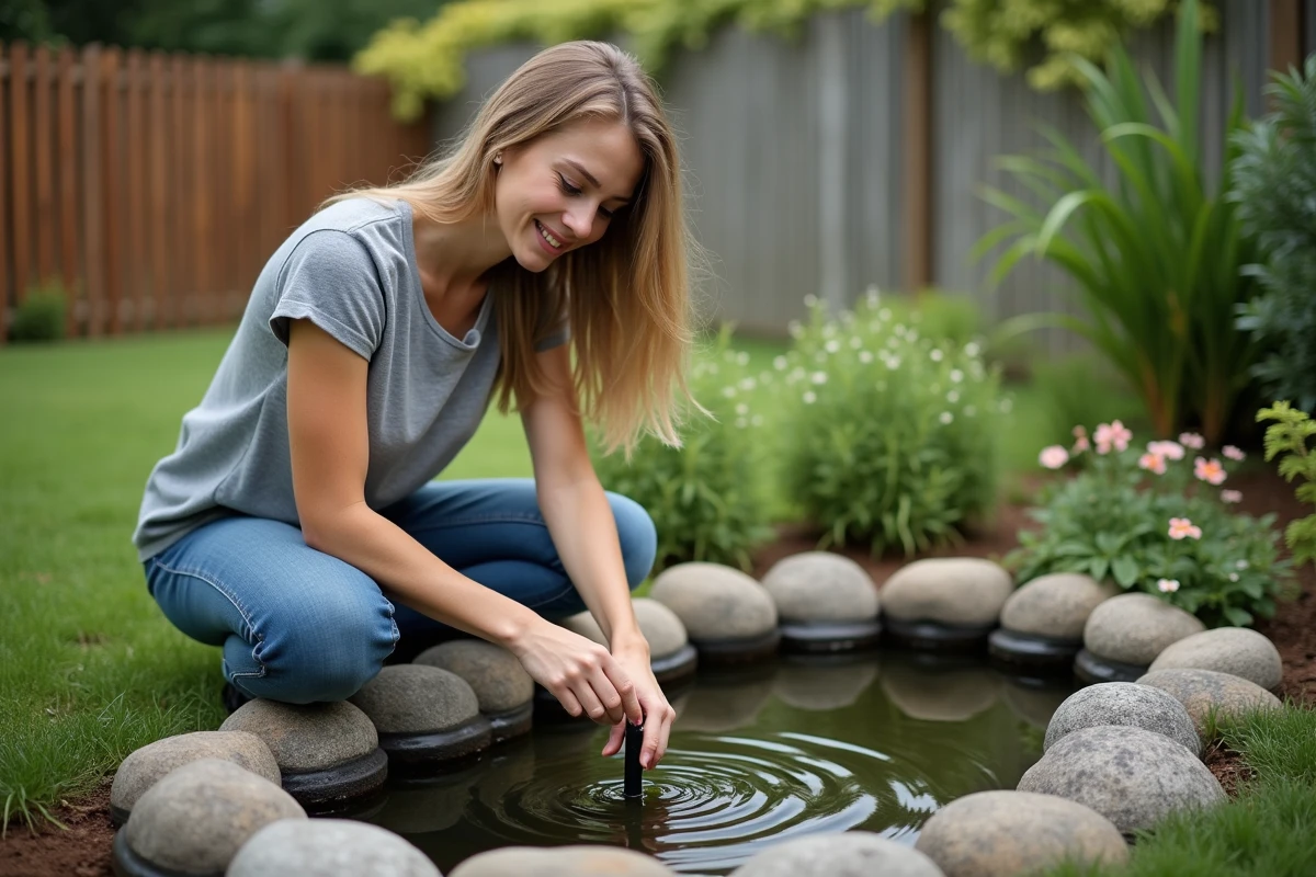 Jeune femme installant un siphon dans un jardin pratique