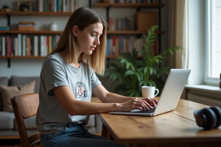 Jeune femme concentrée sur son ordinateur portable à la maison