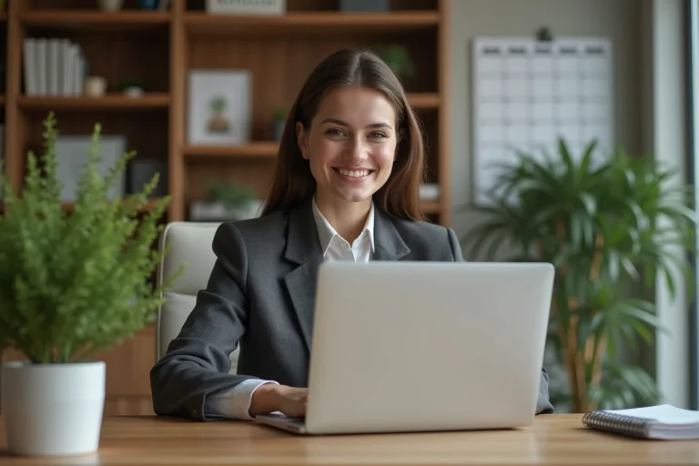 Jeune femme au bureau utilisant un ordinateur portable