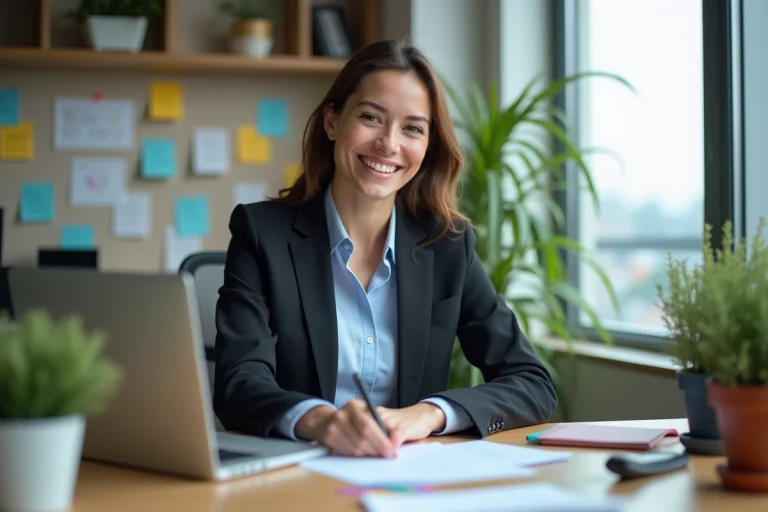 Jeune femme professionnelle souriante travaillant sur un ordinateur dans un bureau moderne