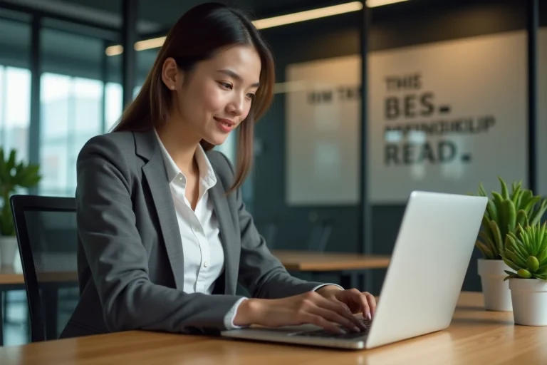 Jeune femme professionnelle en bureau moderne avec ordinateur portable