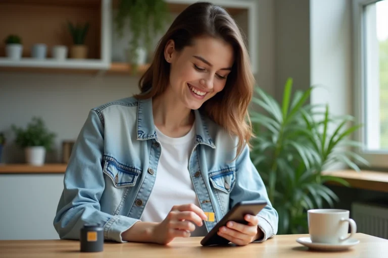 Jeune femme insérant une carte SIM dans son smartphone