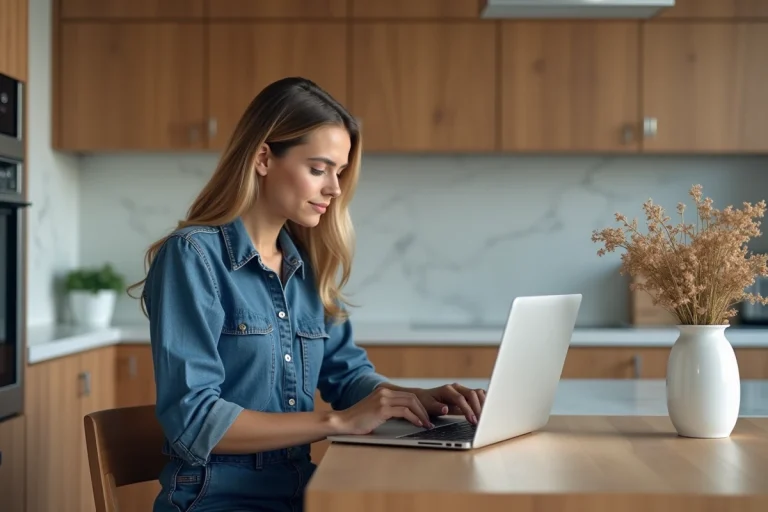 Jeune femme en jumpsuit en denim dans une cuisine moderne