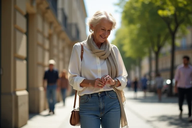 Femme de 70 ans en jeans et blouse à Paris