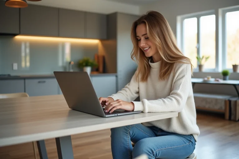 Jeune femme étudiante en immobilier dans une cuisine moderne