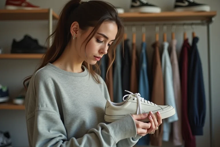 Jeune femme regardant des sneakers dans un appartement moderne