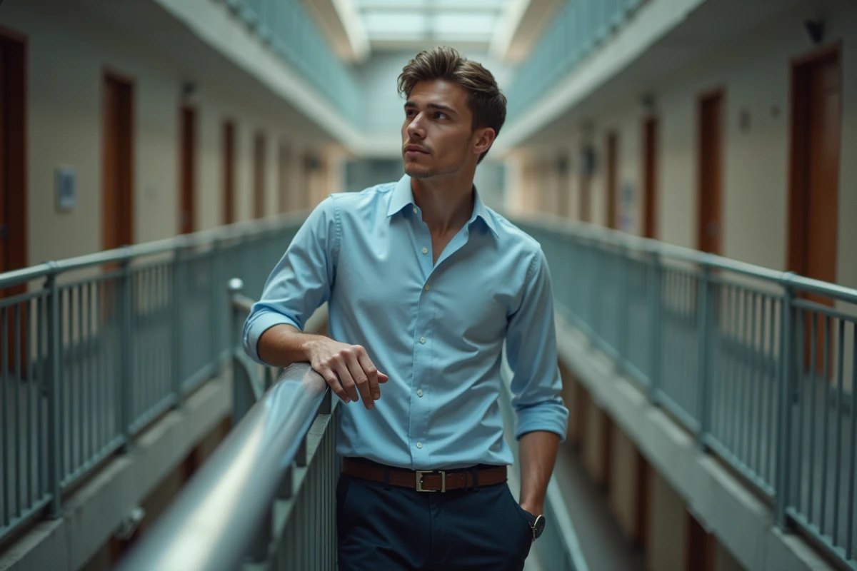 Jeune homme dans le hall d un immeuble urbain