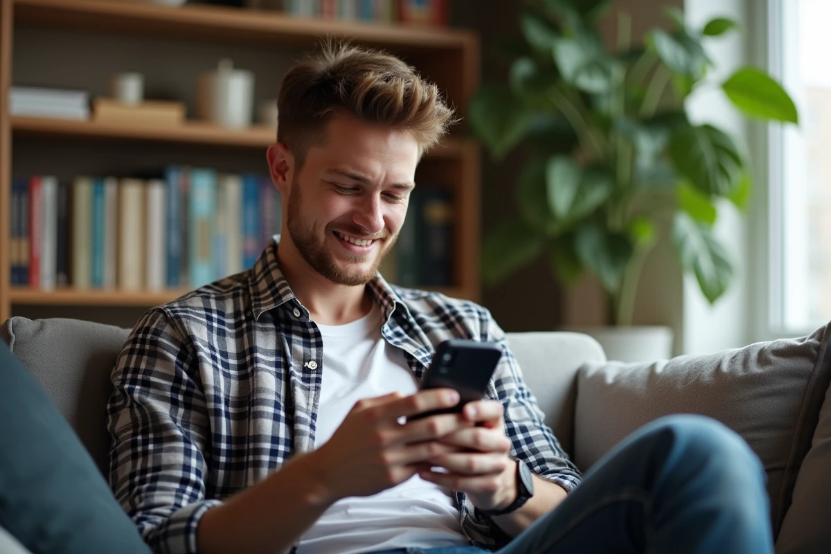 Jeune homme souriant utilisant son smartphone à la maison