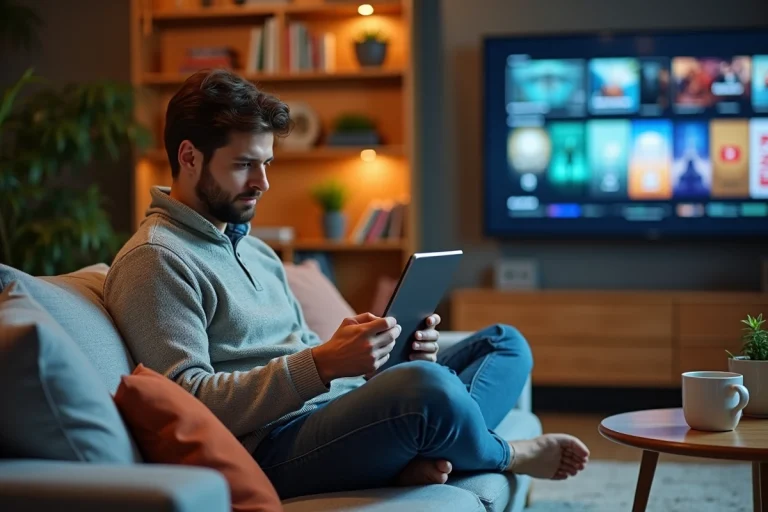 Jeune homme en sweater regardant streaming sur tablette