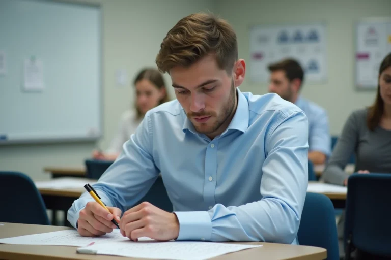 Jeune homme concentré en test psychometrique dans une salle moderne