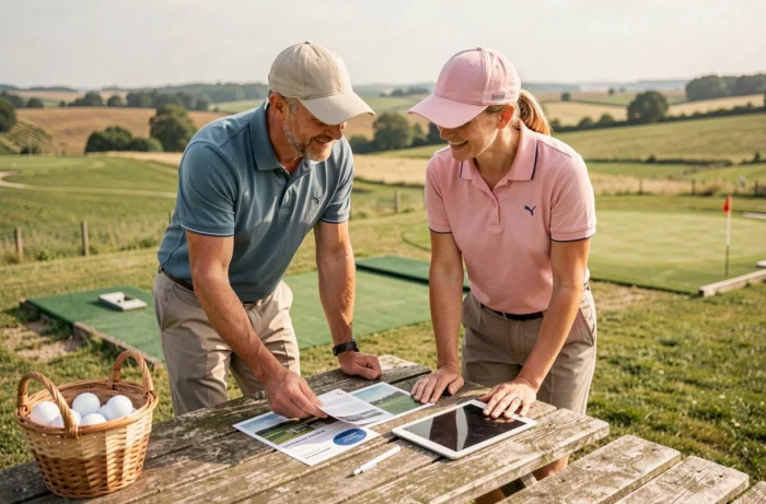 Deux joueurs de golf discutant des informations sur Longdrivers Belgium autour d'une brochure et d'une tablette sur un terrain d'entraînement