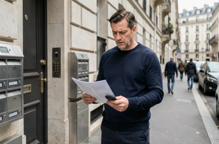 Homme consultant des documents de bail devant un immeuble résidentiel, démarches de rétractation locative