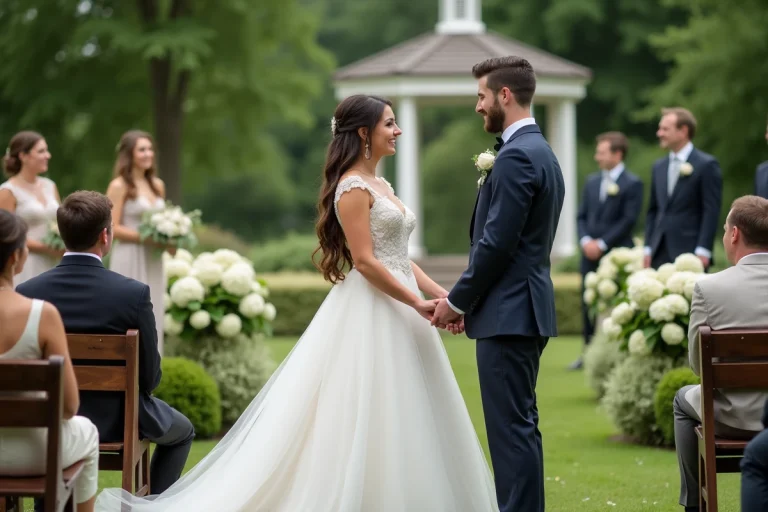 Jeune couple marié dans un jardin élégant en plein air