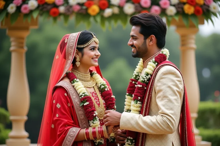 Jeune couple indien en sari rouge et sherwani souriant