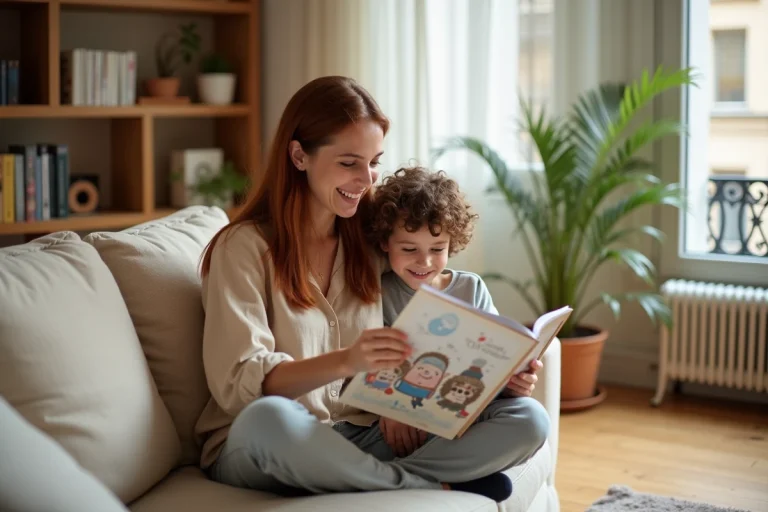Jeune femme française et son fils partageant un moment de lecture sur un canapé dans un appartement parisien chaleureux
