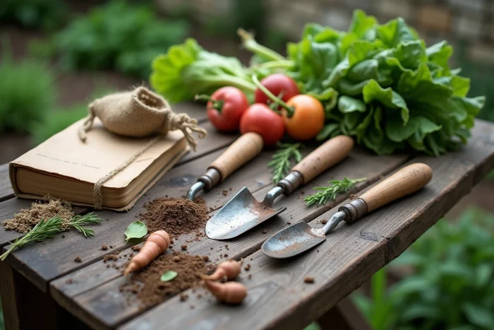 Collection d'outils de jardinage écologiques dont une grelinette posée sur une table en bois avec des légumes récoltés