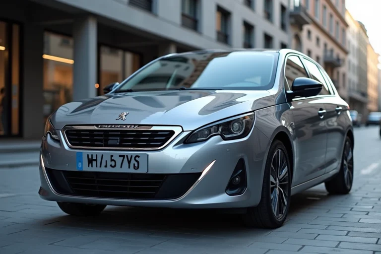 Peugeot 308 grise métallique platine garée en ville, vue trois-quarts avant mettant en valeur les nuances de la teinte