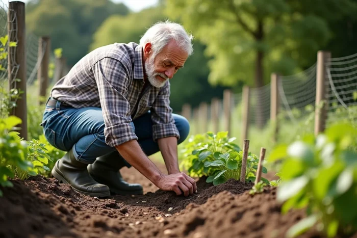 Homme âgé plantant des semis à la main dans un potager bio en permaculture avec des rangées de légumes en arrière-plan