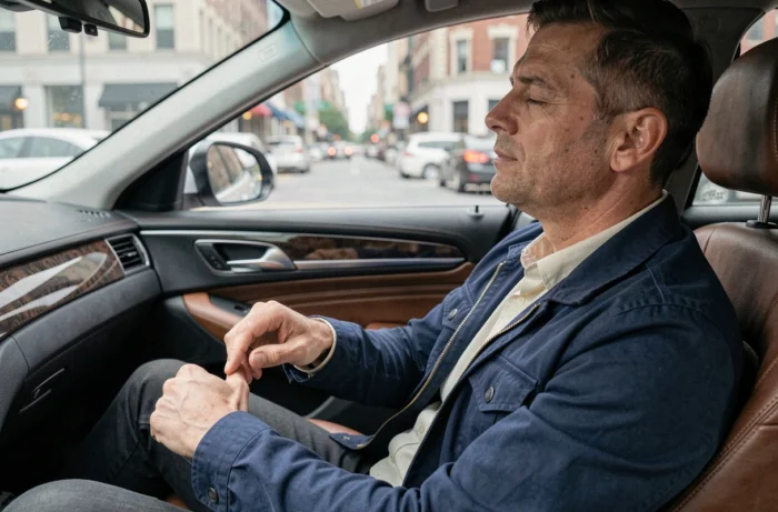 Homme utilisant le point d'acupression P6 au poignet contre le mal des transports en voiture