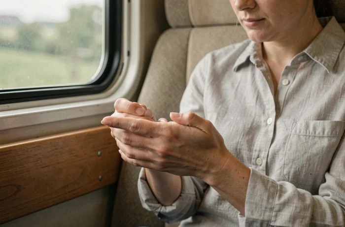 Femme appuyant sur le point P6 au poignet pour soulager le mal des transports dans un train