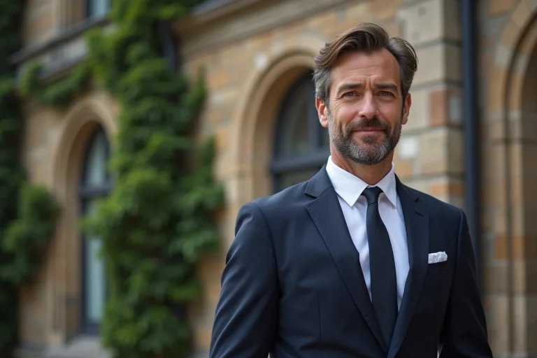Portrait d'un homme politique français en costume sombre devant un bâtiment institutionnel européen