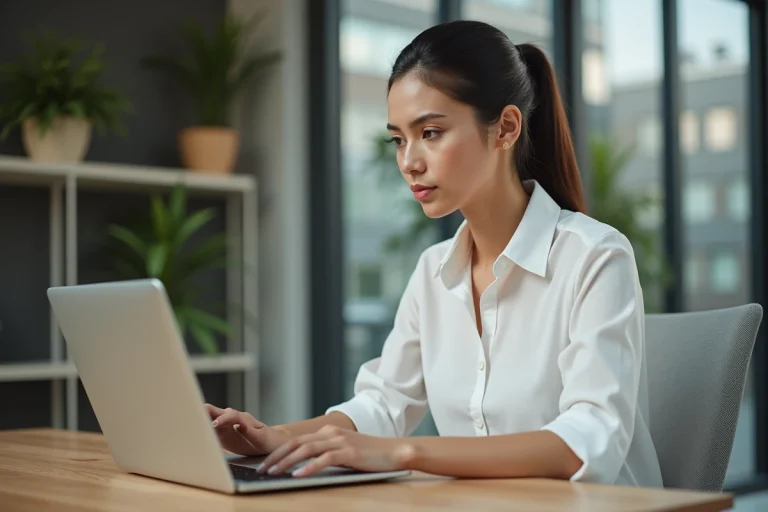 Professionnelle rédigeant un mail de collaboration sur son ordinateur portable dans un bureau moderne