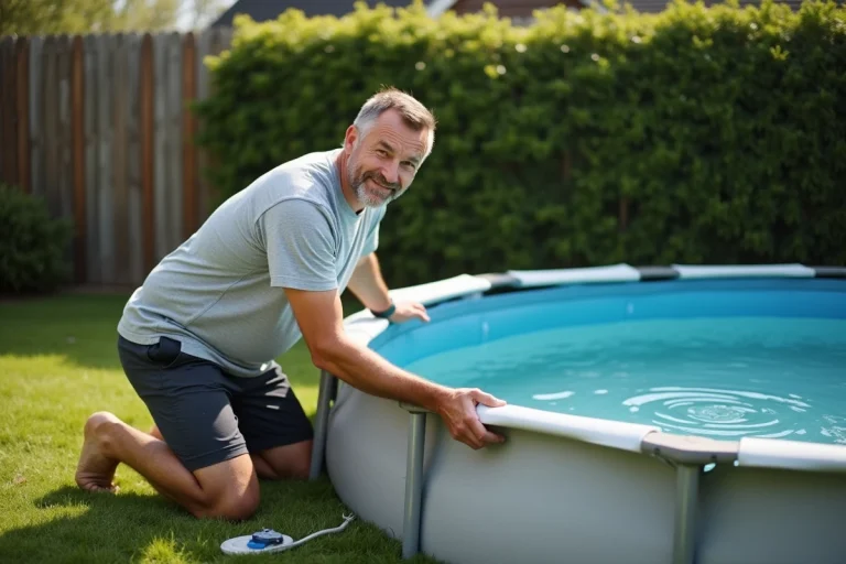 Homme redressant le mur d'une piscine autoportée gonflable dans un jardin de banlieue